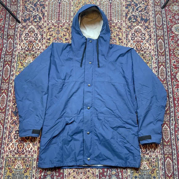 VTG 1989 REI Gore-Tex Blue Hooded Rain Jacket Men Large Anorak Parka Waterproof